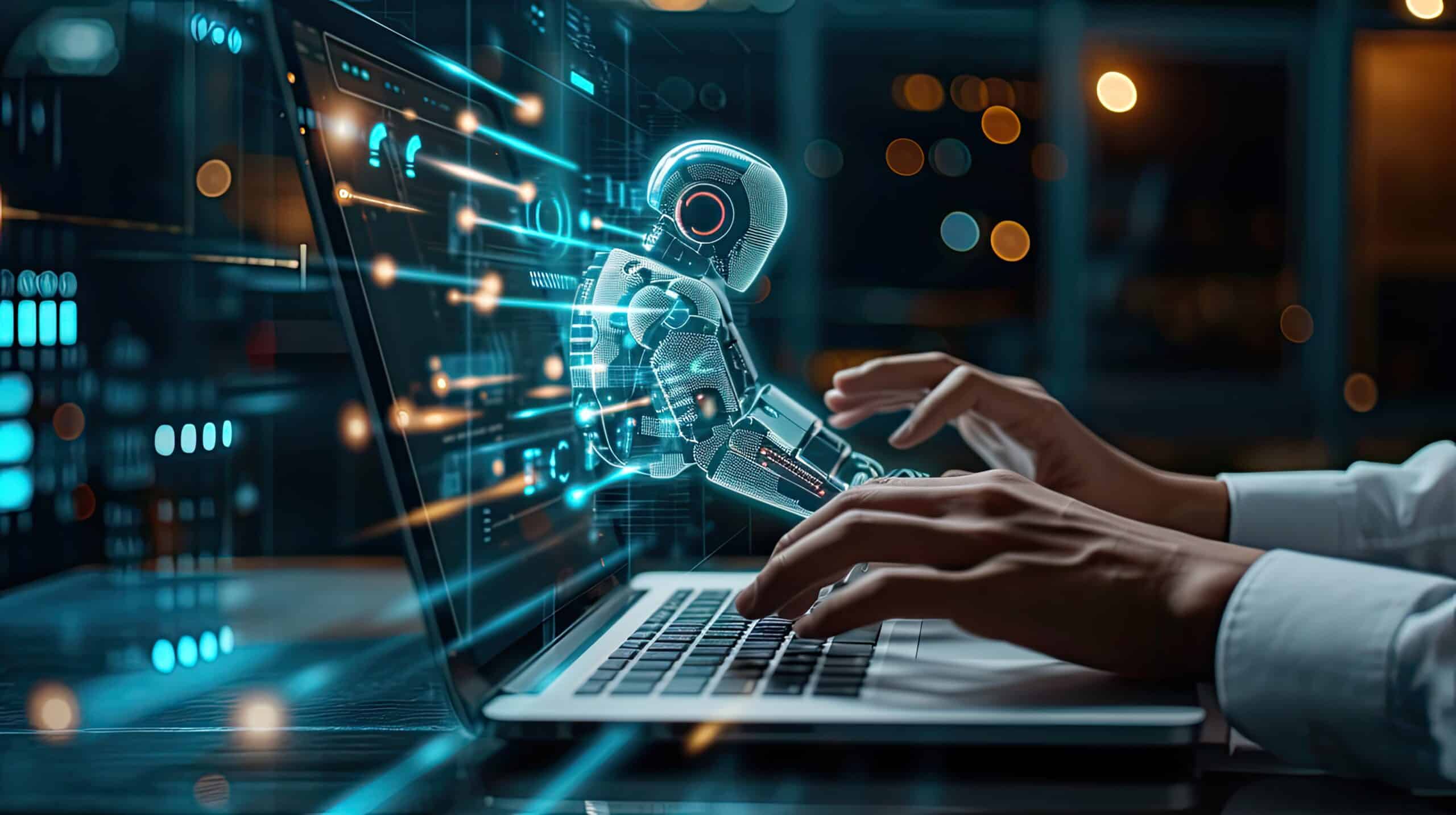 man using laptop for searching of technology smart open AI or artificial intelligence using an artificial intelligence chatbot developed. man using laptop for searching of technology smart open AI or artificial intelligence using an artificial intelligence chatbot developed. --ar 16:9 --v 6 Job ID: 575ea8d1-d8a0-4c7c-8b62-bf104f54a740