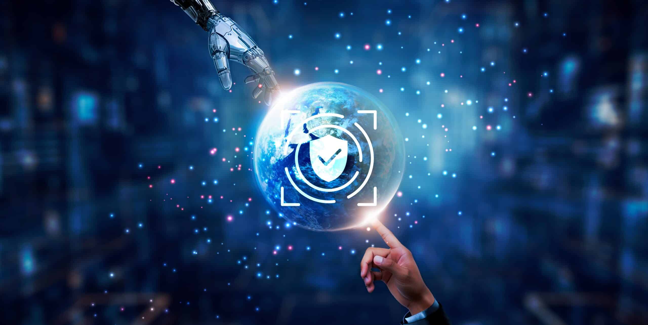 Results & Success Metrics-Edited Hands of robot and human touching on biometric security icon global network connection, identity verification, data encryption, access control, and artificial intelligence technology.