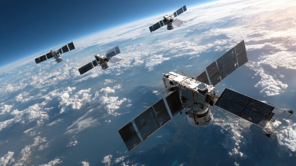 Multiple satellites orbiting Earth above a cloudy atmosphere. Detailed view of solar panels and satellite structures.