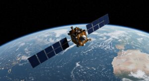 Satellite In Orbit Above Earth - A communication satellite orbits Earth, showcasing advanced technology, global connectivity, space exploration, scientific research, and technological advancement A communication satellite orbits Earth, showcasing advanced technology, global connectivity, space exploration, scientific research, and technological advancement