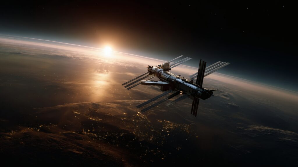 Ultra-modern satellite suspended in low Earth orbit, catching soft golden sunlight from the horizon, deep shadows under wing components, surrounded by a crisp field of stars