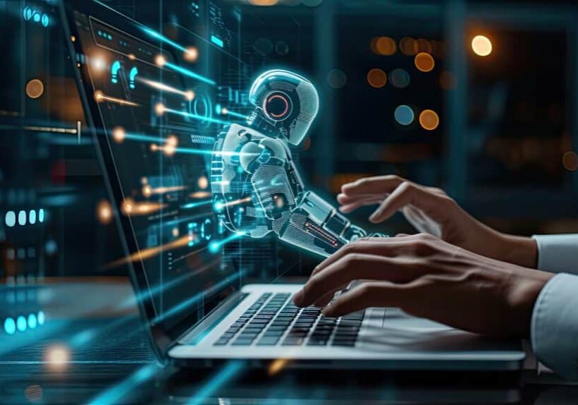 man using laptop for searching of technology smart open AI or artificial intelligence using an artificial intelligence chatbot developed. --ar 16:9 --v 6 Job ID: 575ea8d1-d8a0-4c7c-8b62-bf104f54a740
