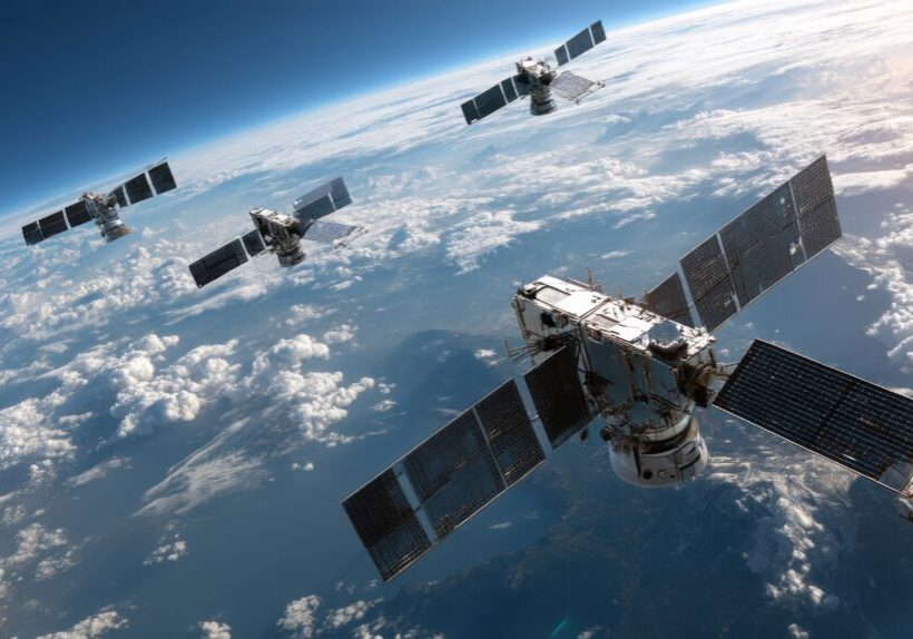 Multiple satellites orbiting Earth above a cloudy atmosphere. Detailed view of solar panels and satellite structures.