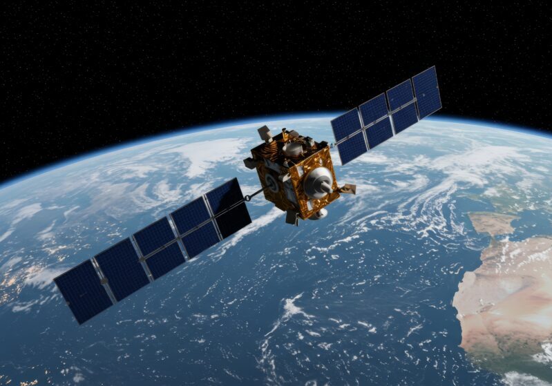A communication satellite orbits Earth, showcasing advanced technology, global connectivity, space exploration, scientific research, and technological advancement