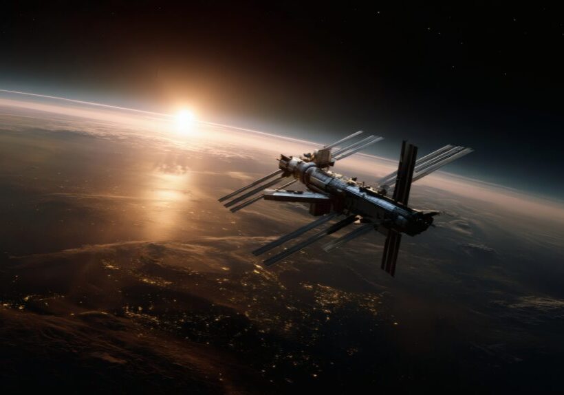 Ultra-modern satellite suspended in low Earth orbit, catching soft golden sunlight from the horizon, deep shadows under wing components, surrounded by a crisp field of stars